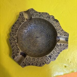 Authentic Made In India Brass Floral Etched Ashtray 4.5"